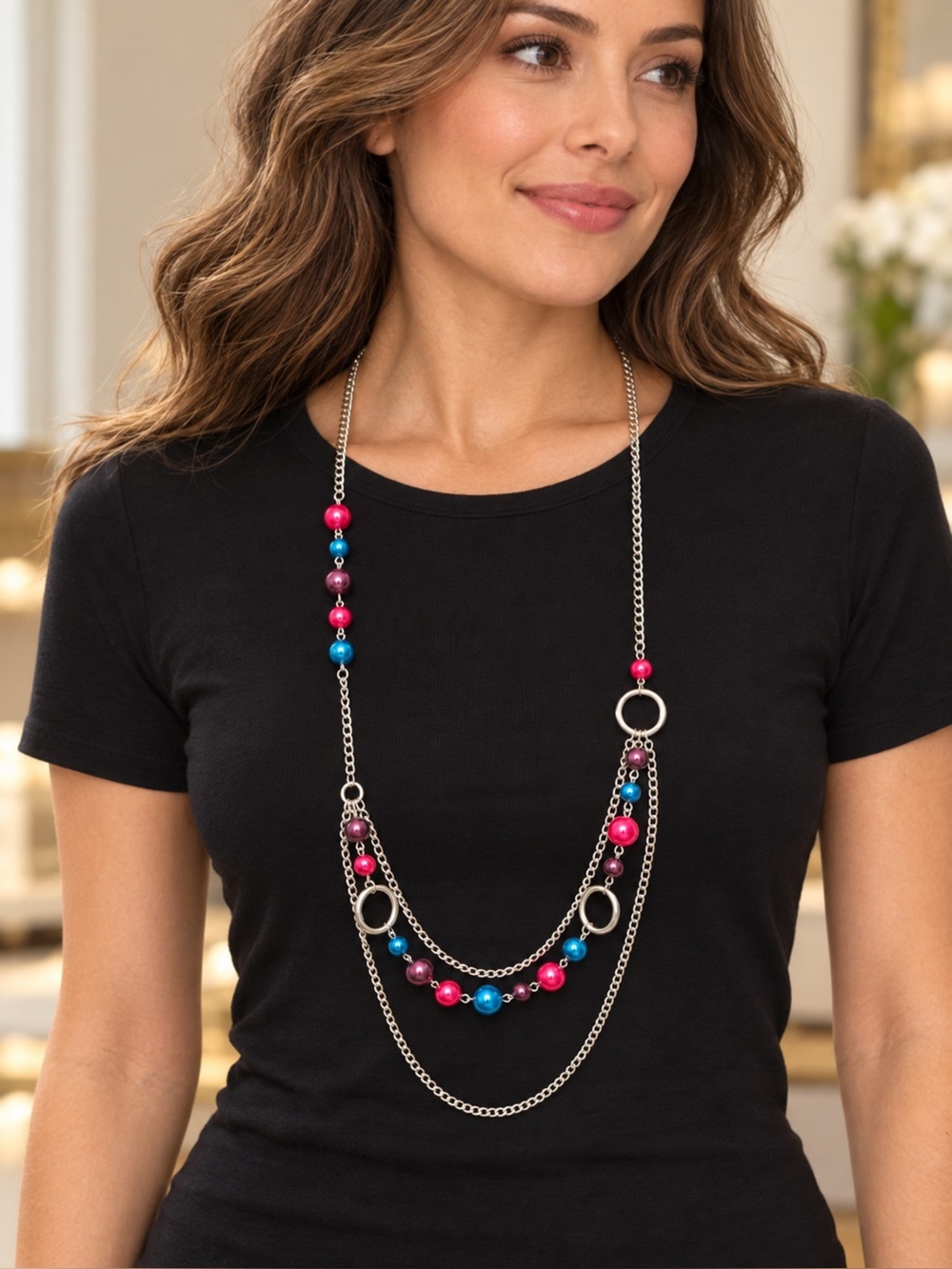 Long Layered Bead Necklace - Pink & Blue